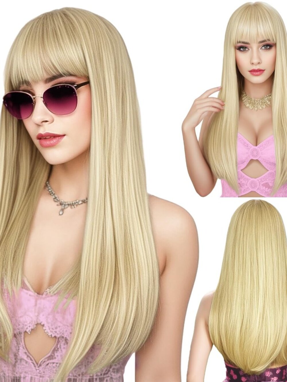 New  ENTRANCED STYLES Blonde Wig with Bangs, Long Straight Wig - Natural Hair